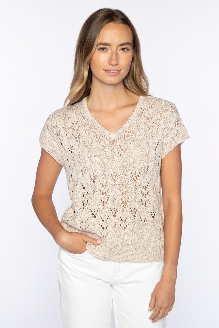 Sequin Cap Sleeve Openwork Sweater Straw