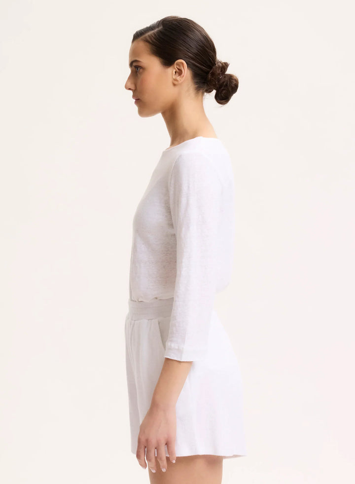 Stretch Linen Three Quarter Sleeve Boatneck T-Shirt