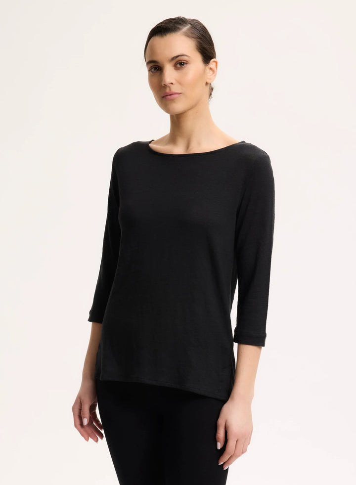 Stretch Linen Three Quarter Sleeve Boatneck T-Shirt