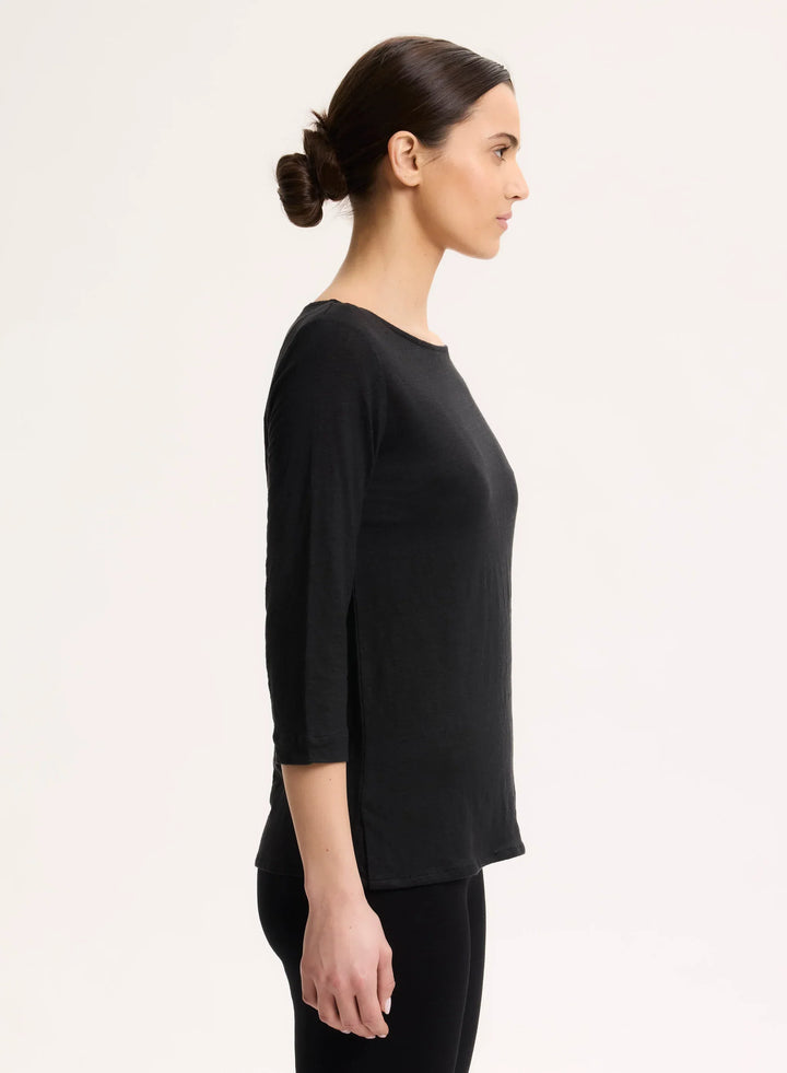 Stretch Linen Three Quarter Sleeve Boatneck T-Shirt
