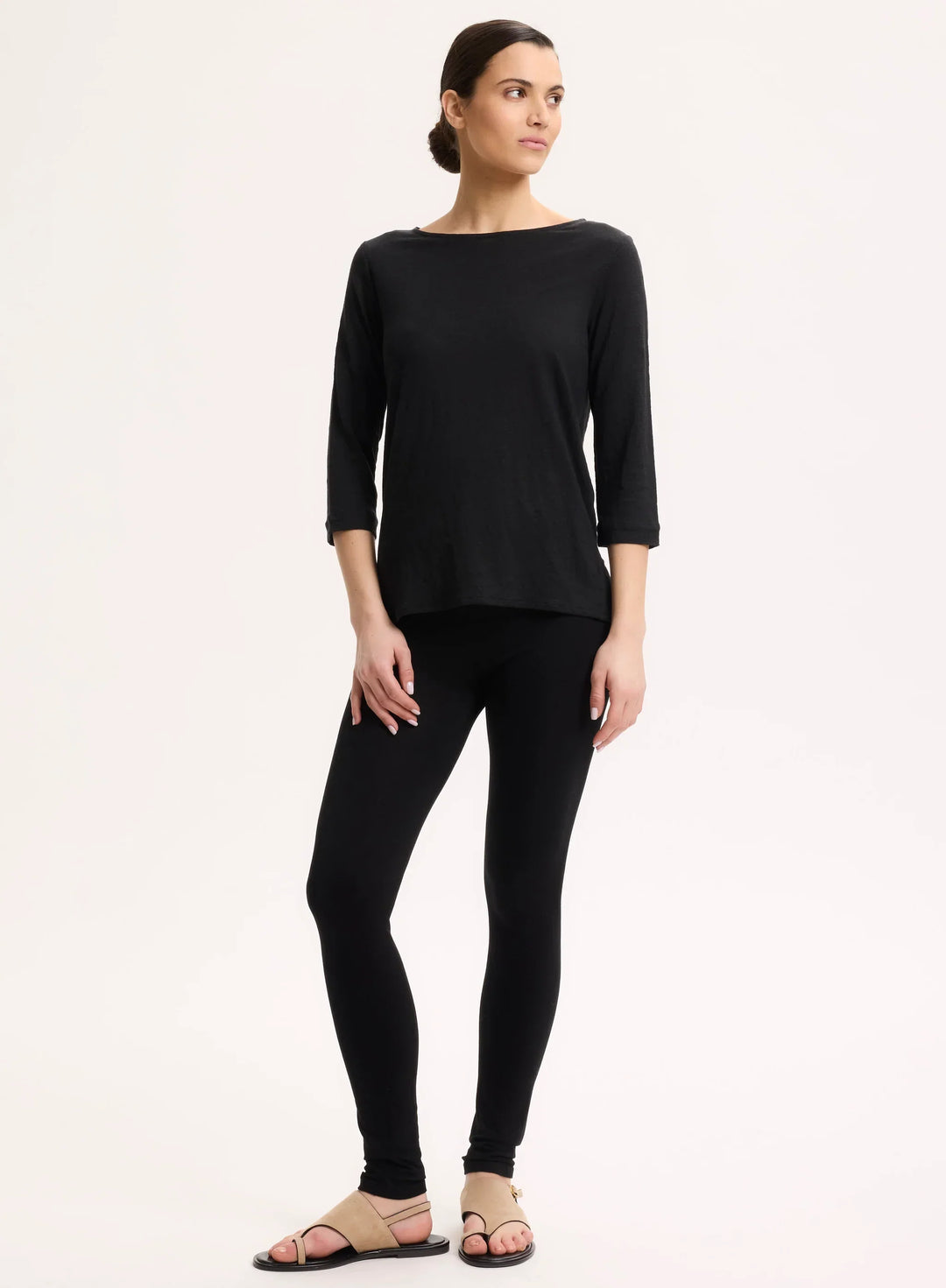 Stretch Linen Three Quarter Sleeve Boatneck T-Shirt