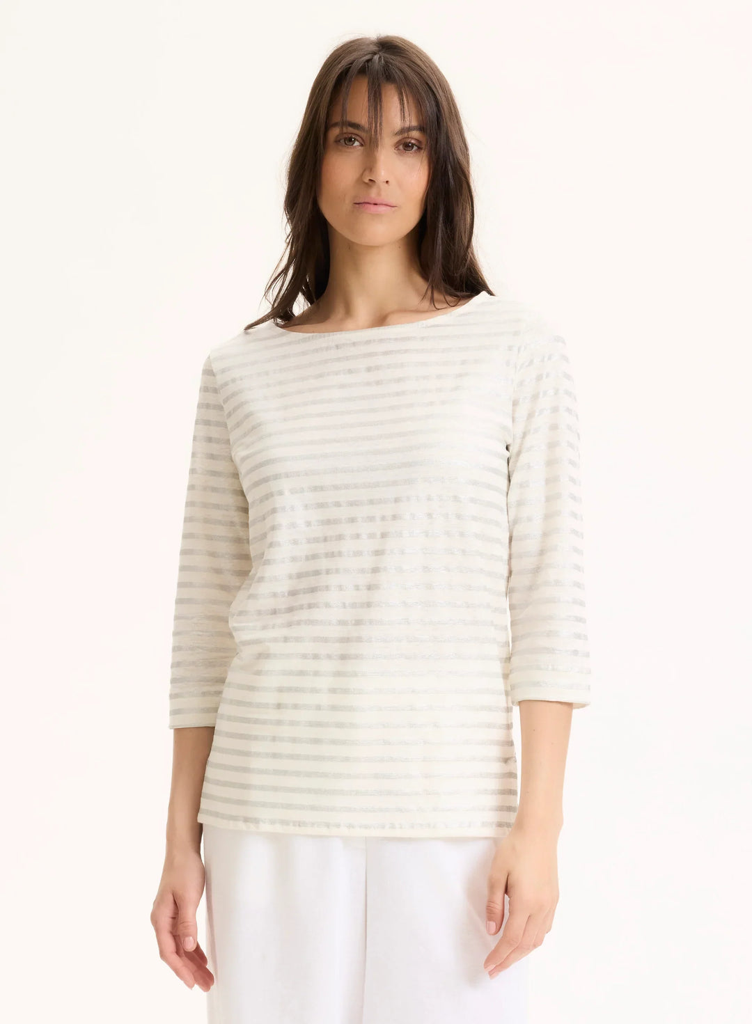 Stretch Linen Metallic Stripe Three Quarter Sleeve Boatneck T-Shirt