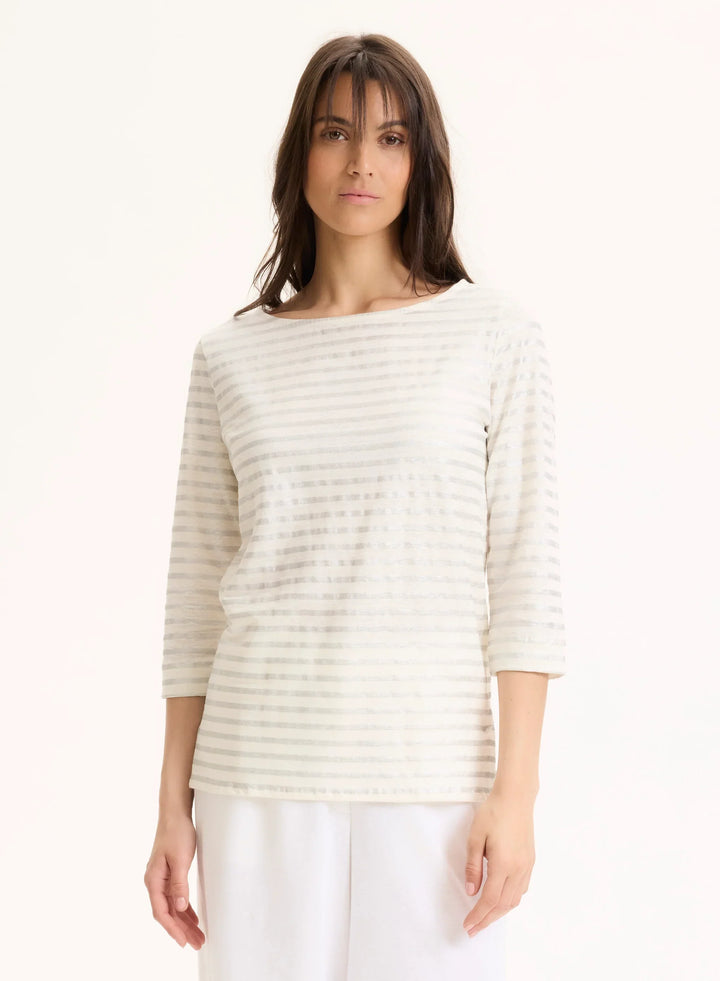 Stretch Linen Metallic Stripe Three Quarter Sleeve Boatneck T-Shirt