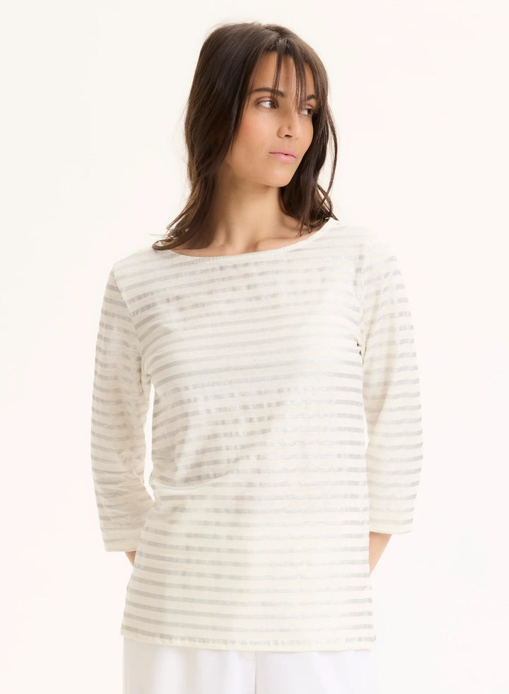 Stretch Linen Metallic Stripe Three Quarter Sleeve Boatneck T-Shirt
