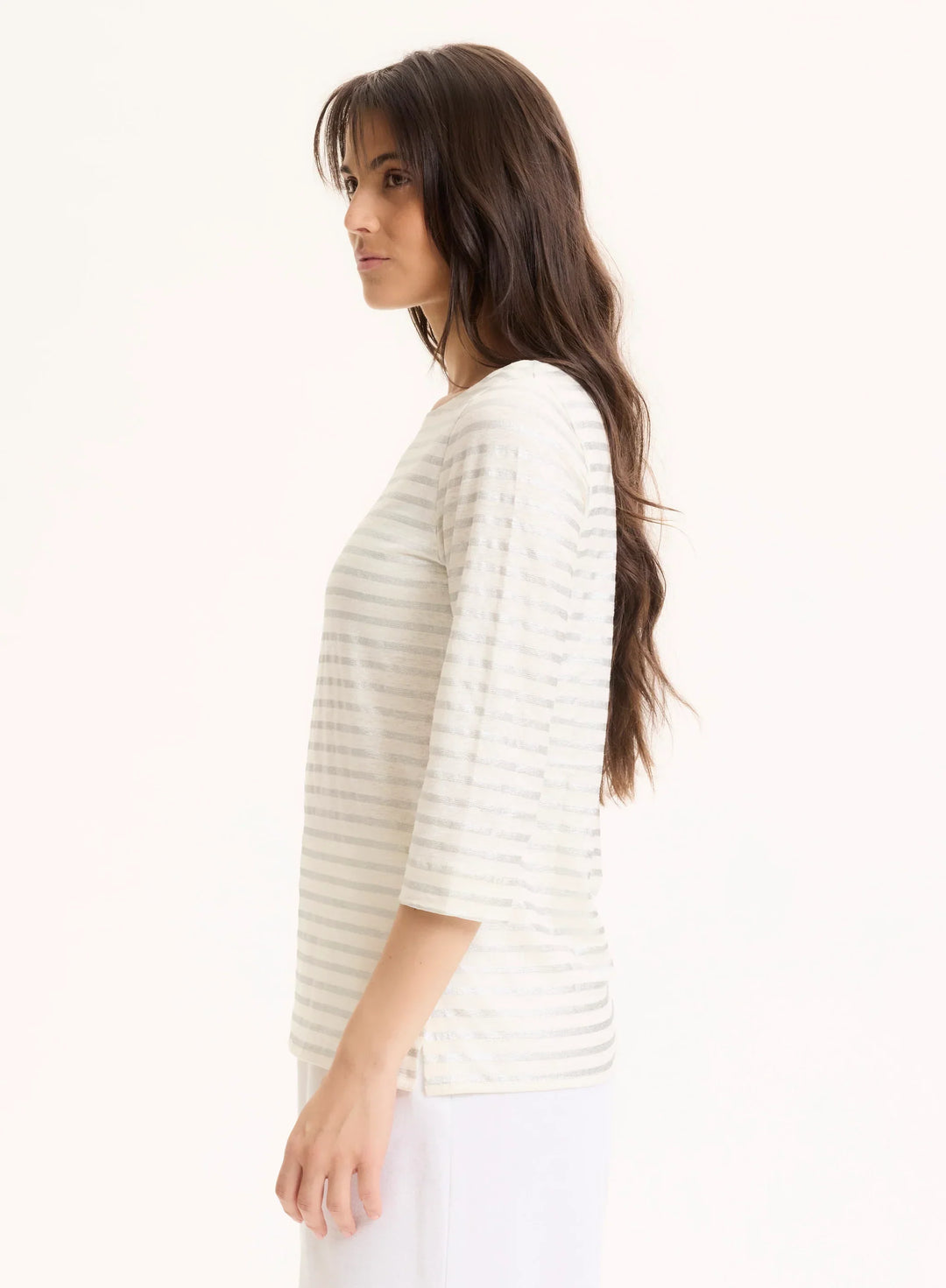 Stretch Linen Metallic Stripe Three Quarter Sleeve Boatneck T-Shirt
