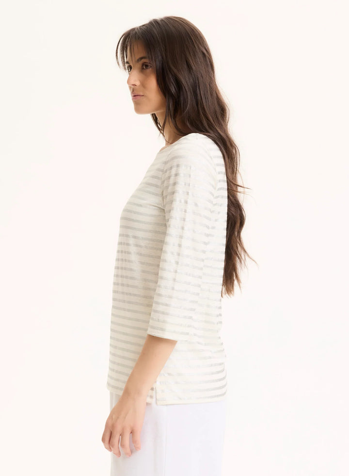 Stretch Linen Metallic Stripe Three Quarter Sleeve Boatneck T-Shirt