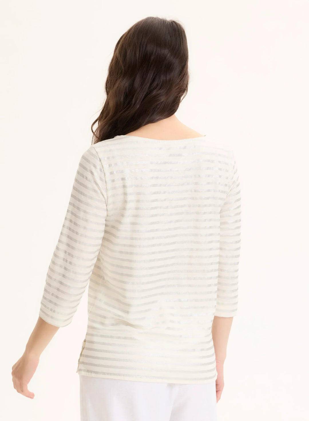 Stretch Linen Metallic Stripe Three Quarter Sleeve Boatneck T-Shirt