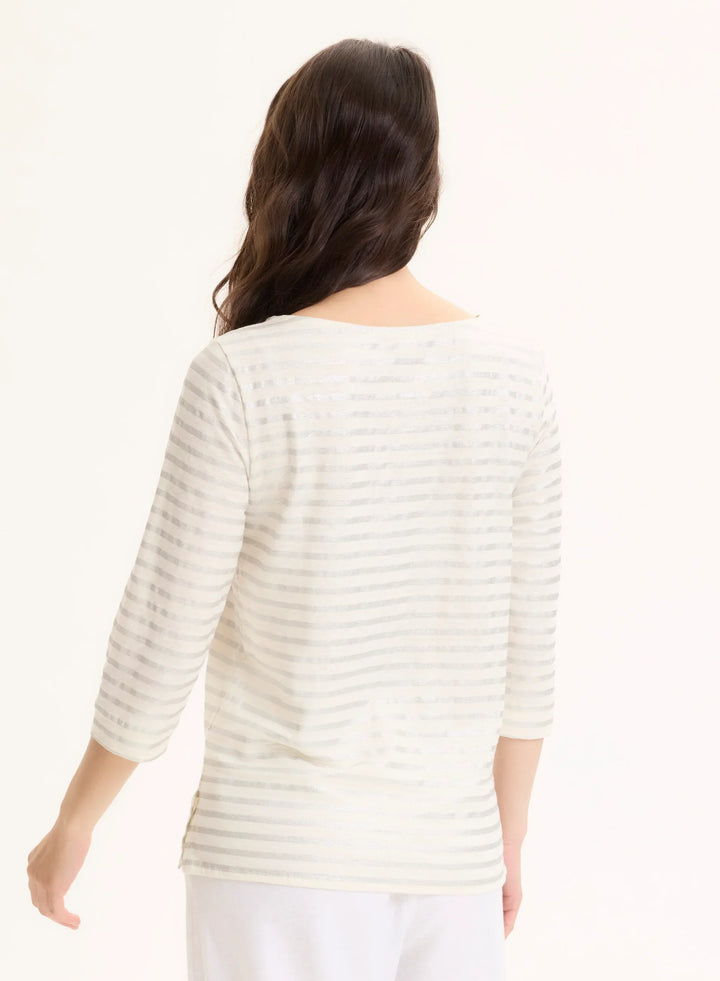 Stretch Linen Metallic Stripe Three Quarter Sleeve Boatneck T-Shirt