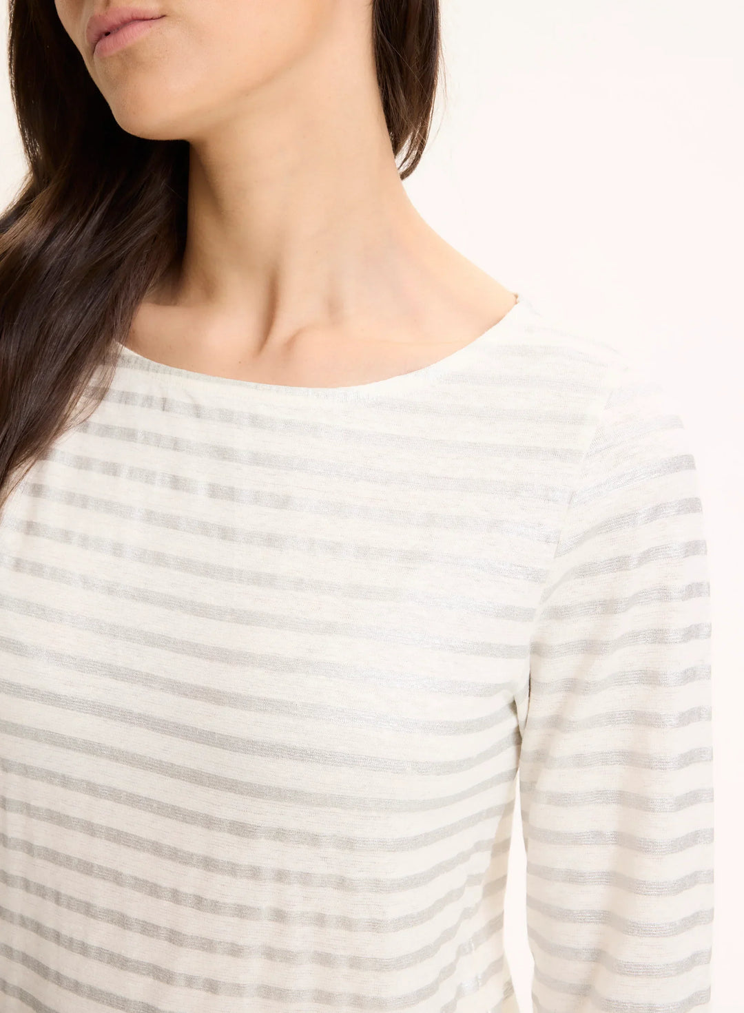 Stretch Linen Metallic Stripe Three Quarter Sleeve Boatneck T-Shirt