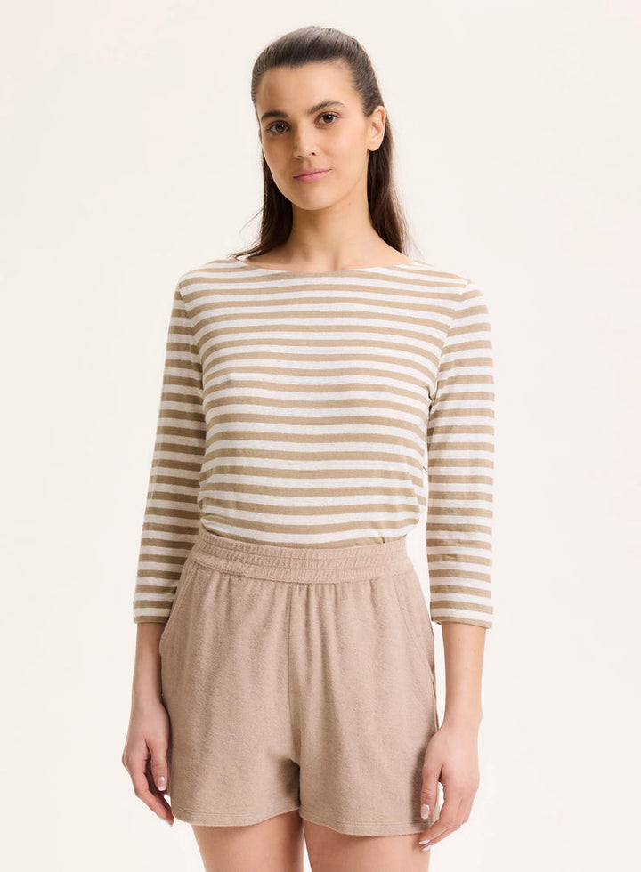 Stretch Linen Stripe Three Quarter Sleeve Boatneck T-Shirt