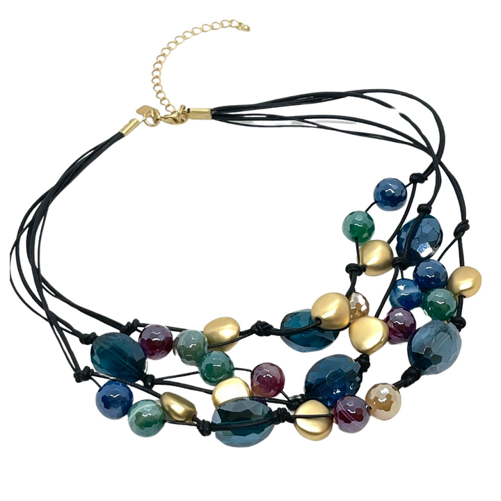 Multi Glazed Agate With Teal Crystal  Black Leather And Linen Torsade Necklace