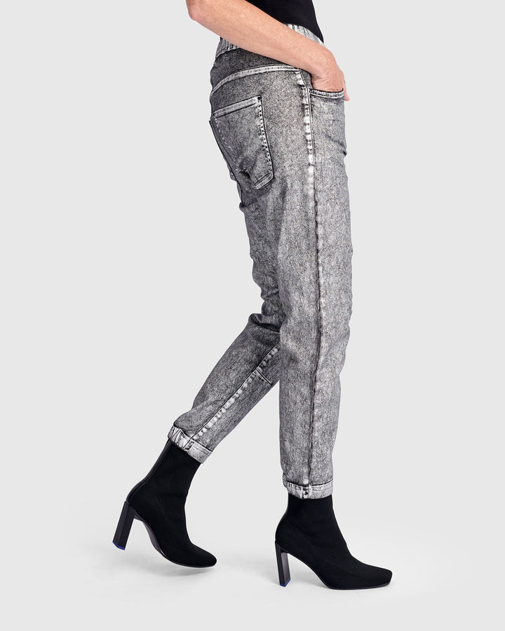 Metallic Boyfriend Jogger Jeans, Silver