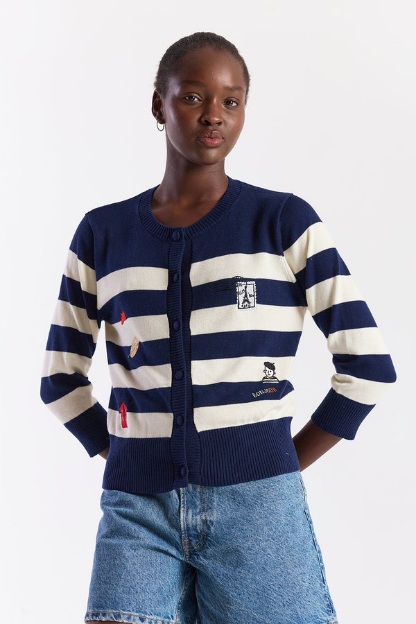 French Embroidery Stripe Cardigan Navy/Cream