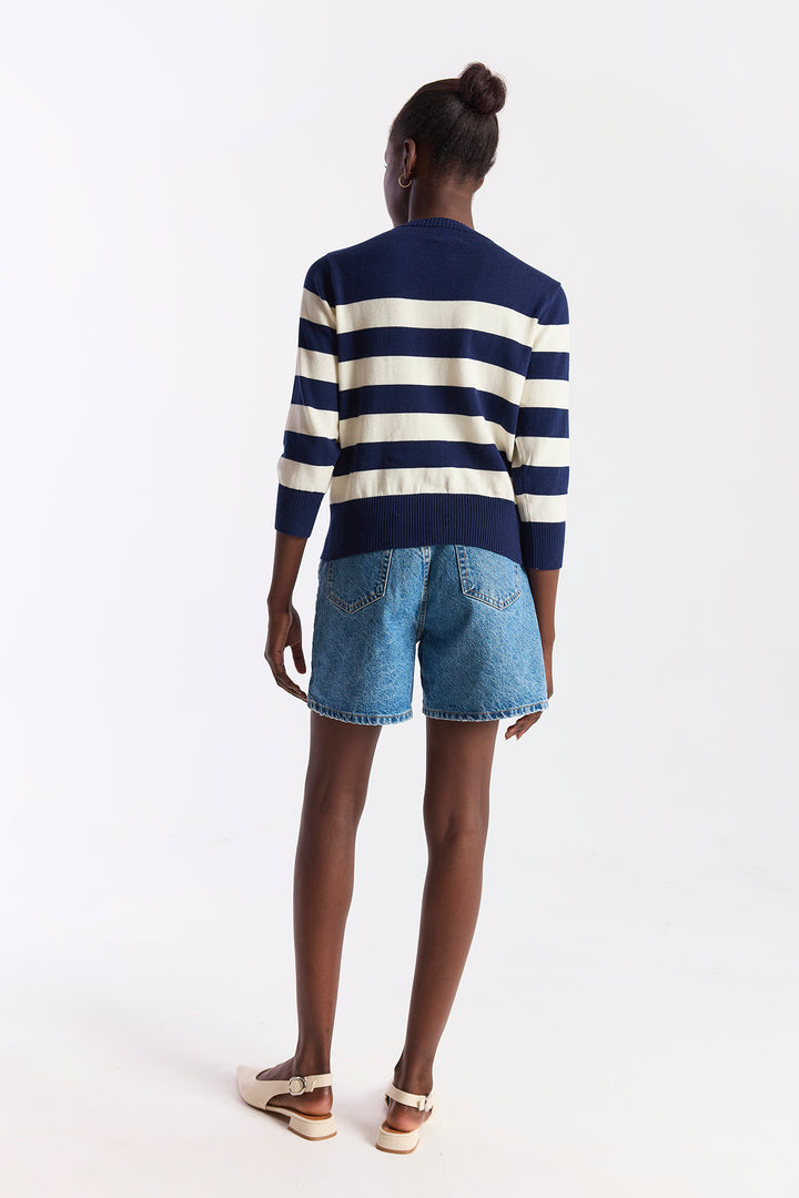 French Embroidery Stripe Cardigan Navy/Cream