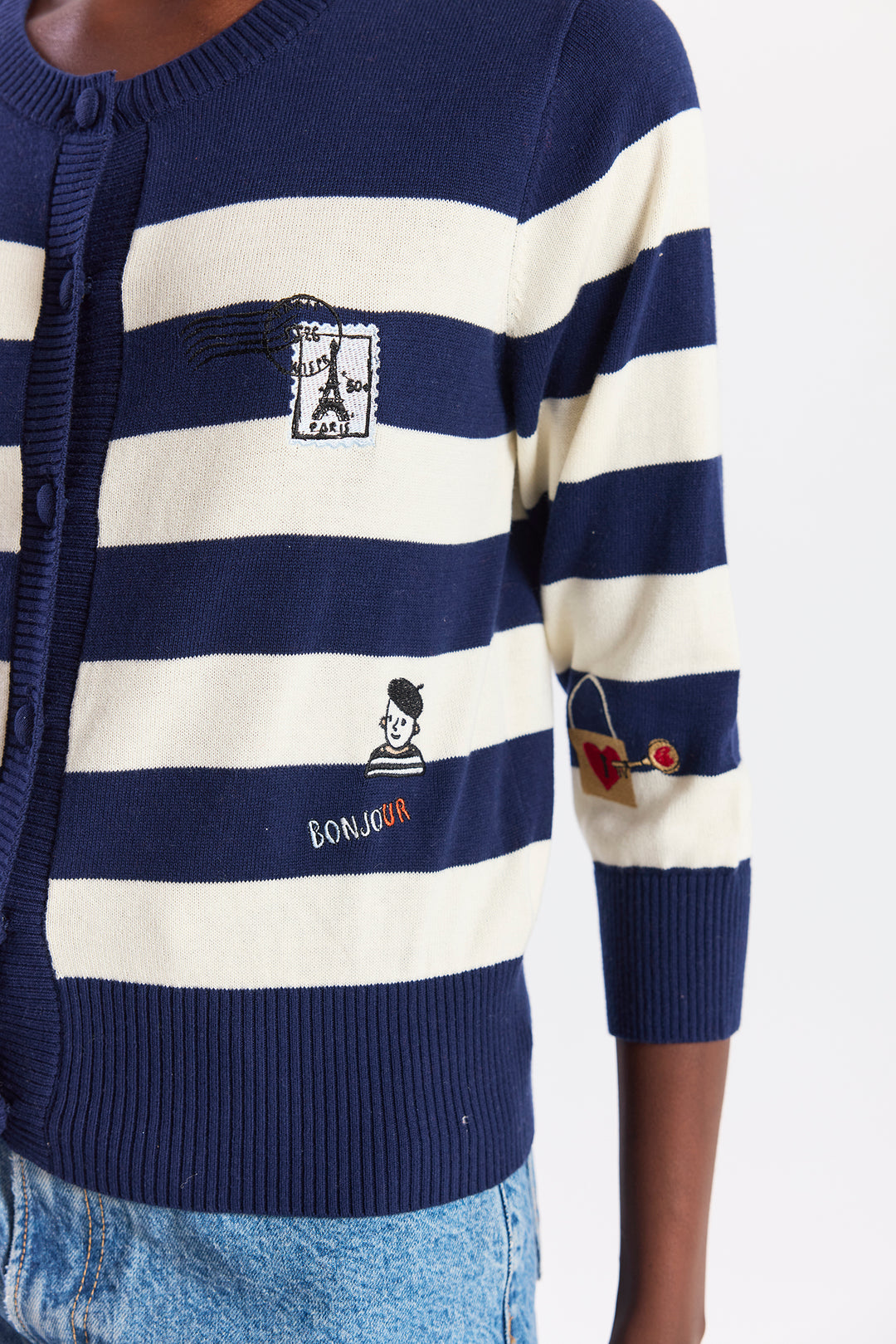 French Embroidery Stripe Cardigan Navy/Cream