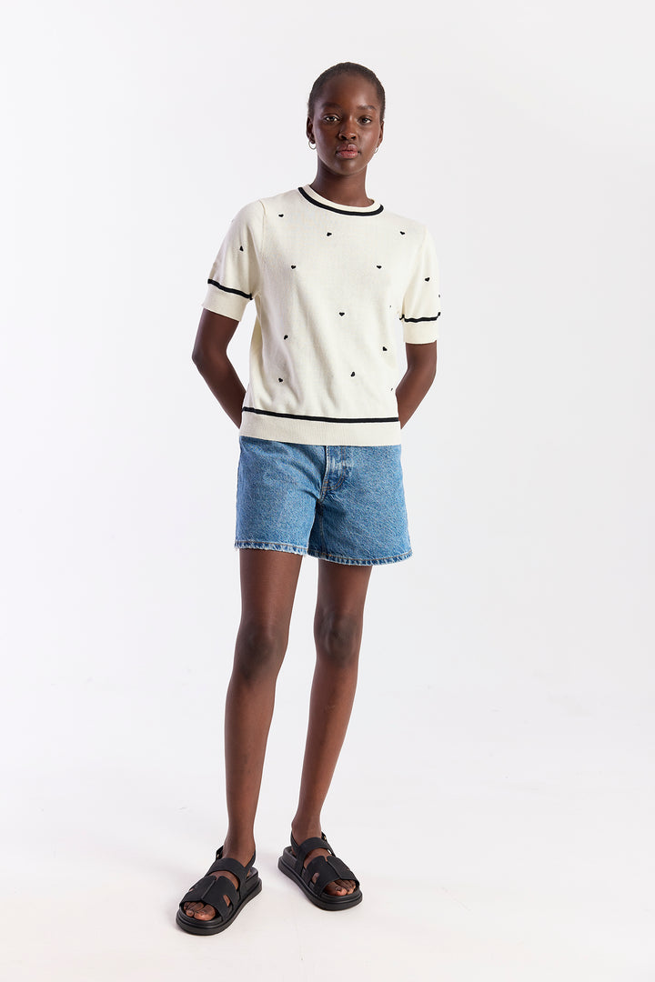 Mini Heart Embroidered Top Cream