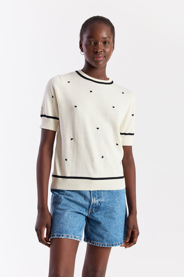 Mini Heart Embroidered Top Cream