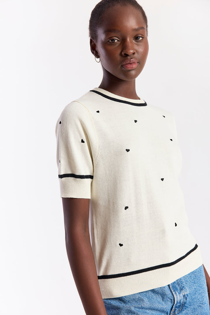 Mini Heart Embroidered Top Cream