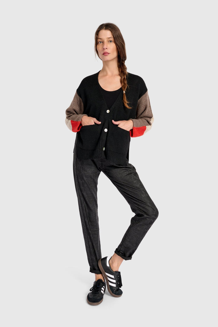 Contrast Sleeve Cardigan in Black, Brown, Red, Mix
