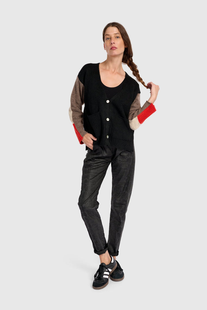 Contrast Sleeve Cardigan in Black, Brown, Red, Mix