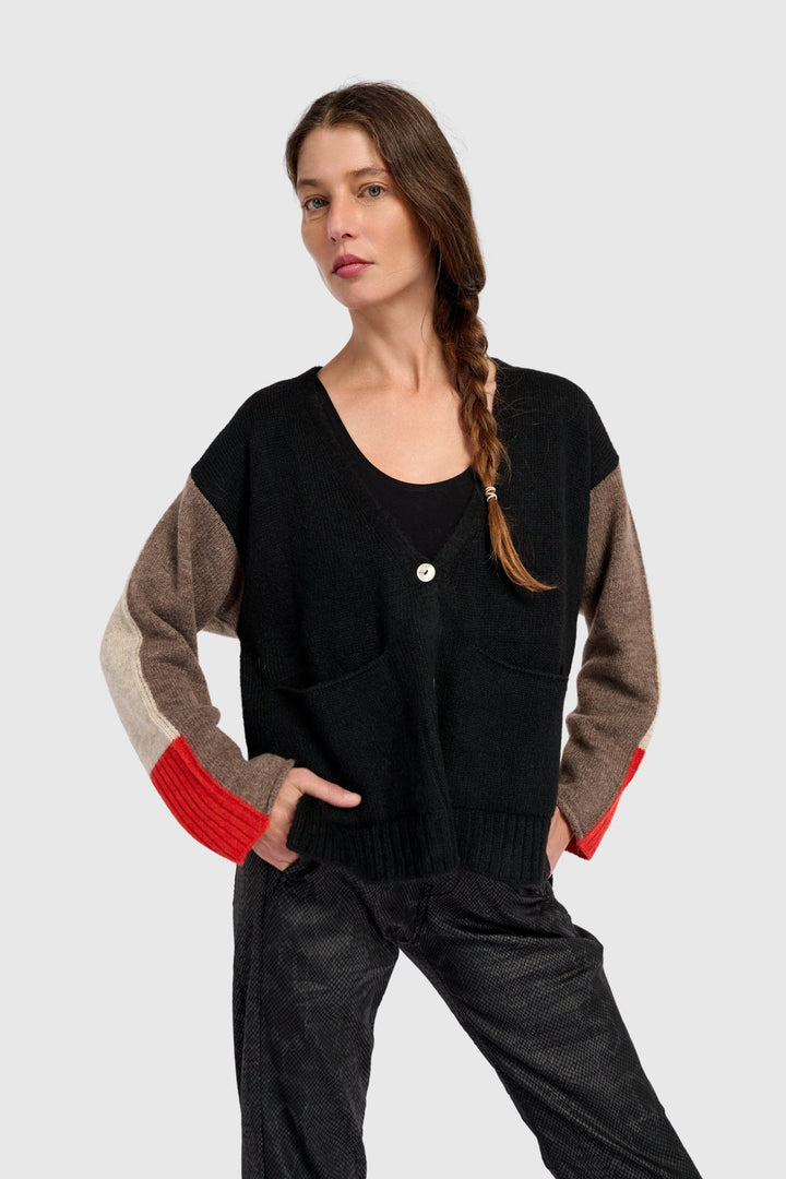 Contrast Sleeve Cardigan in Black, Brown, Red, Mix