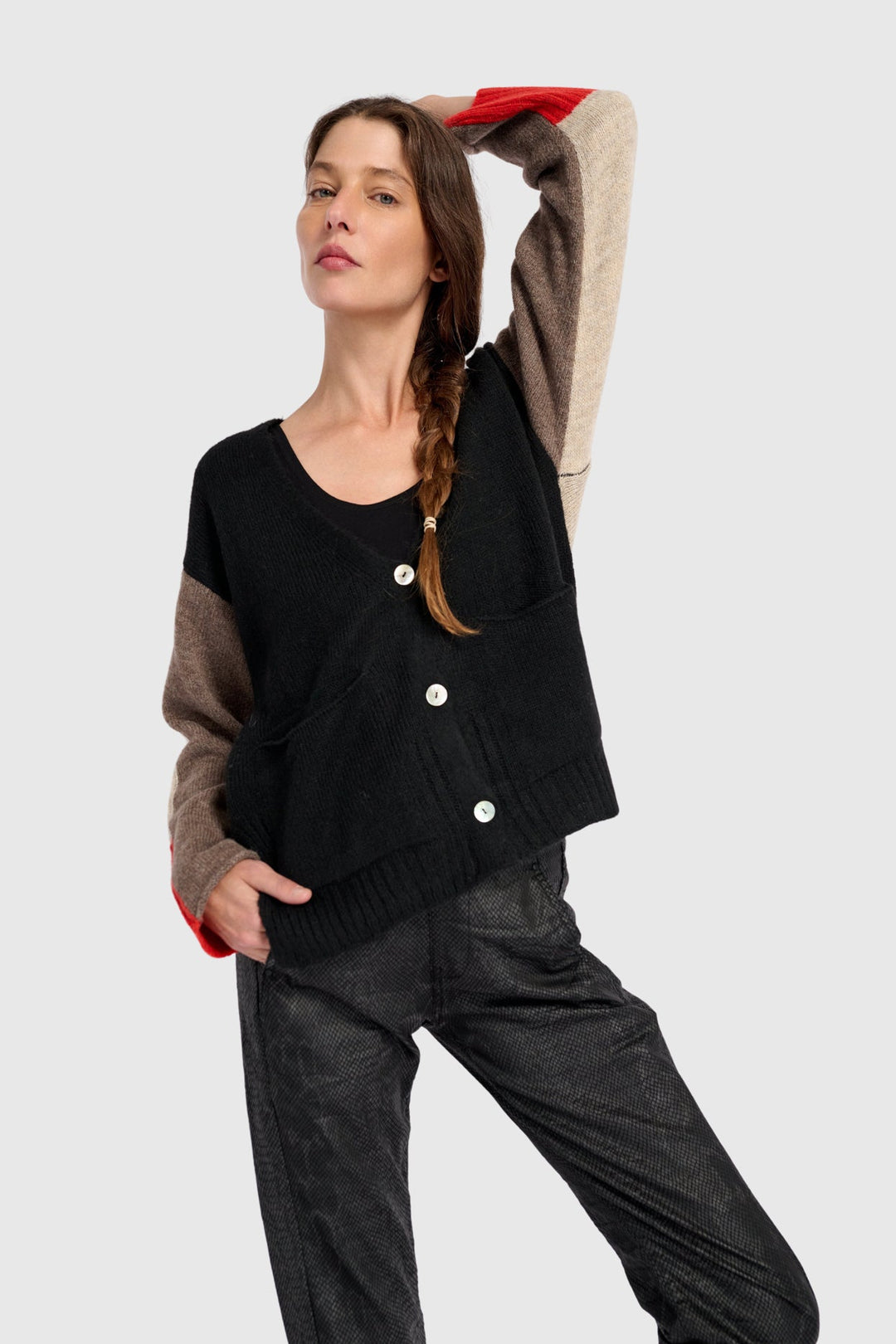 Contrast Sleeve Cardigan in Black, Brown, Red, Mix