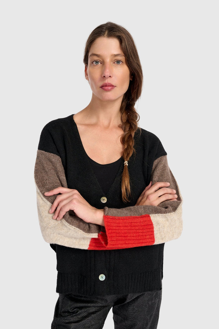 Contrast Sleeve Cardigan in Black, Brown, Red, Mix