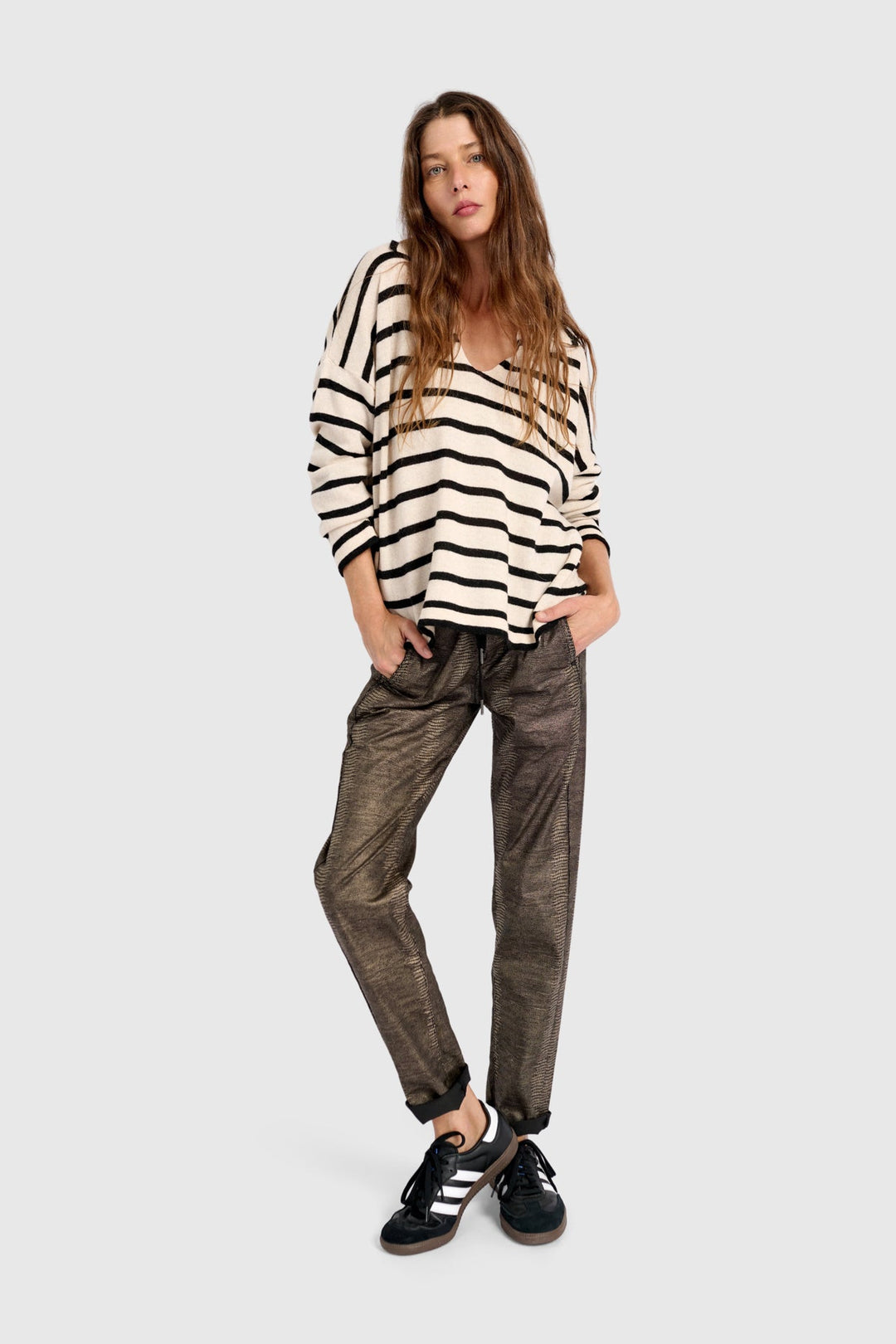 Collard Stripe Sweater in Cream with Black Stripes