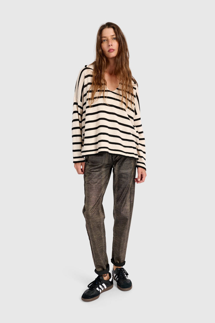 Collard Stripe Sweater in Cream with Black Stripes