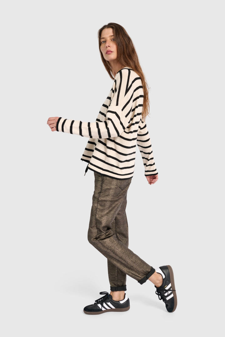Collard Stripe Sweater in Cream with Black Stripes