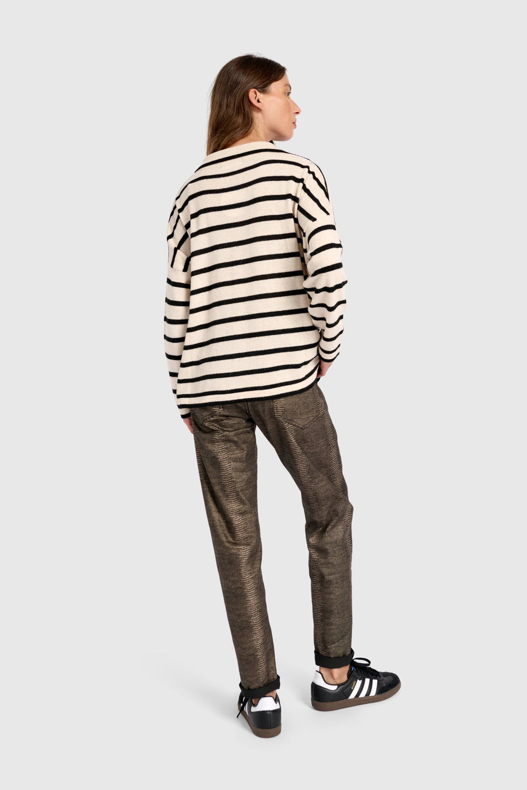Collard Stripe Sweater in Cream with Black Stripes