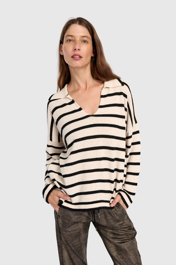 Collard Stripe Sweater in Cream with Black Stripes