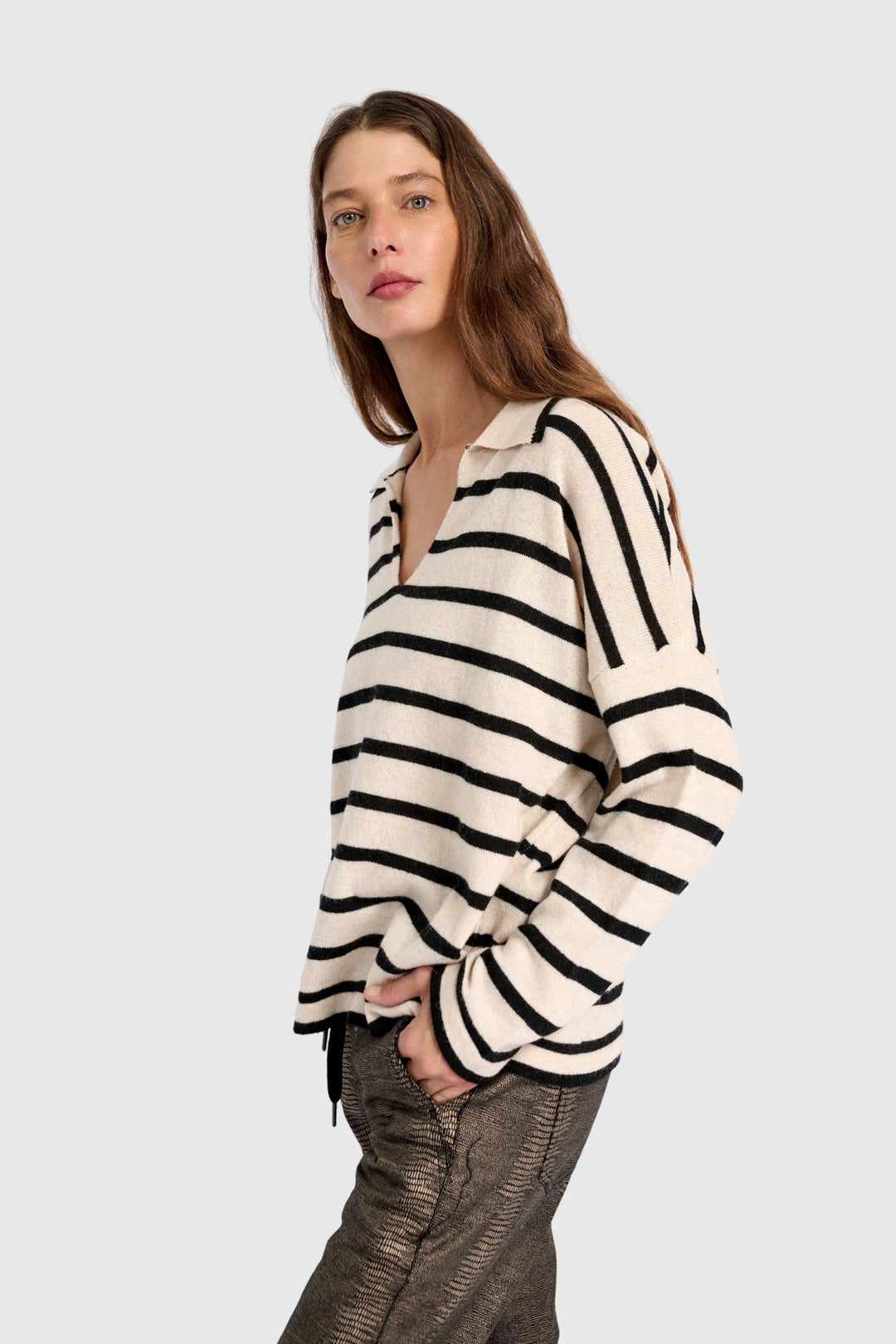 Collard Stripe Sweater in Cream with Black Stripes