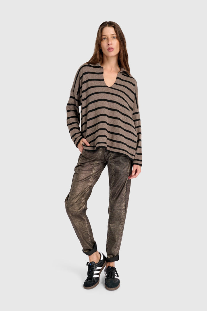 Collard Sweater in Stripe in Brown and Black