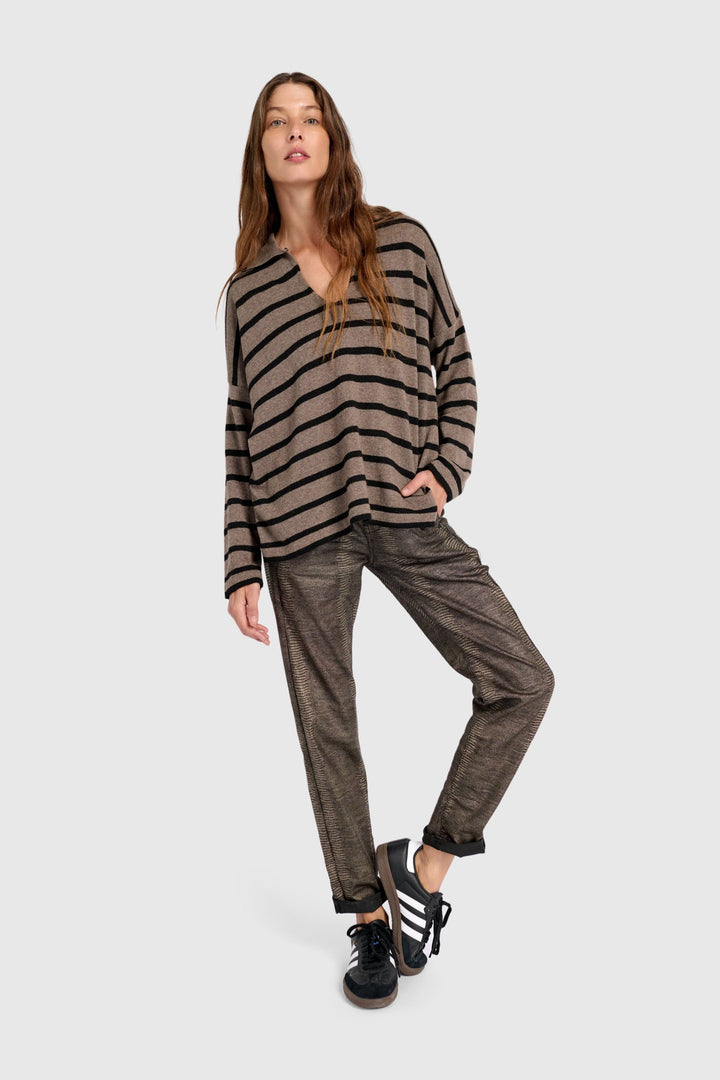Collard Sweater in Stripe in Brown and Black