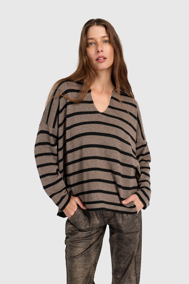 Collard Sweater in Stripe in Brown and Black