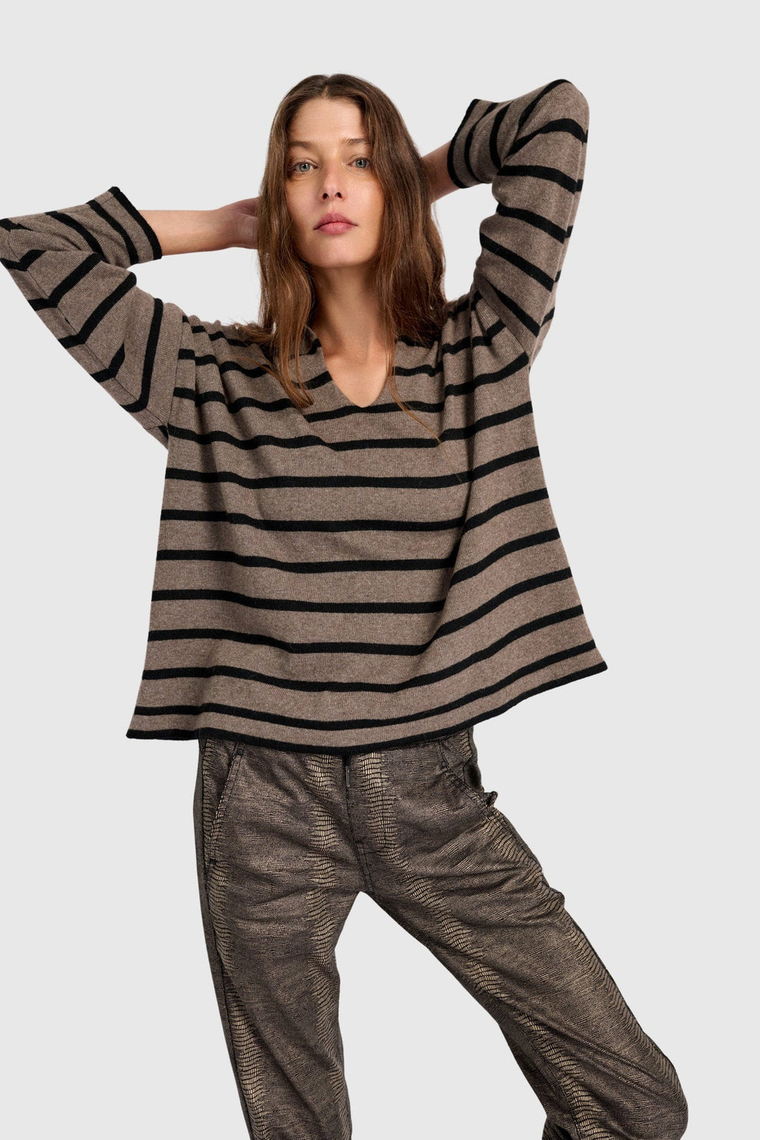 Collard Sweater in Stripe in Brown and Black