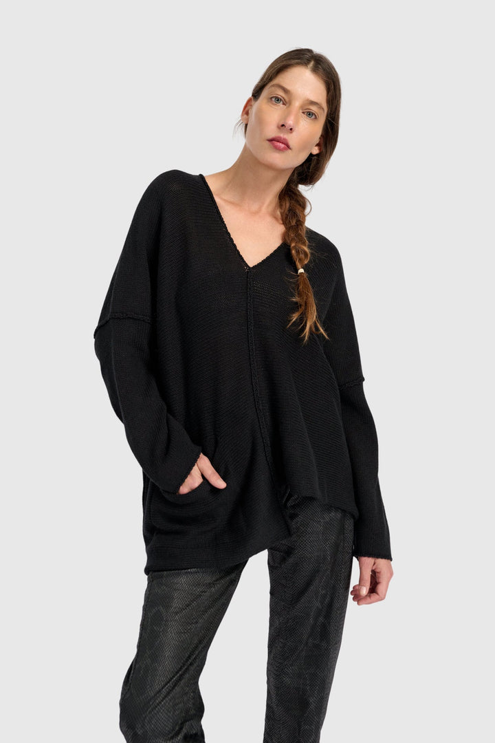 Asymmetrical V-Neck Sweater in Black