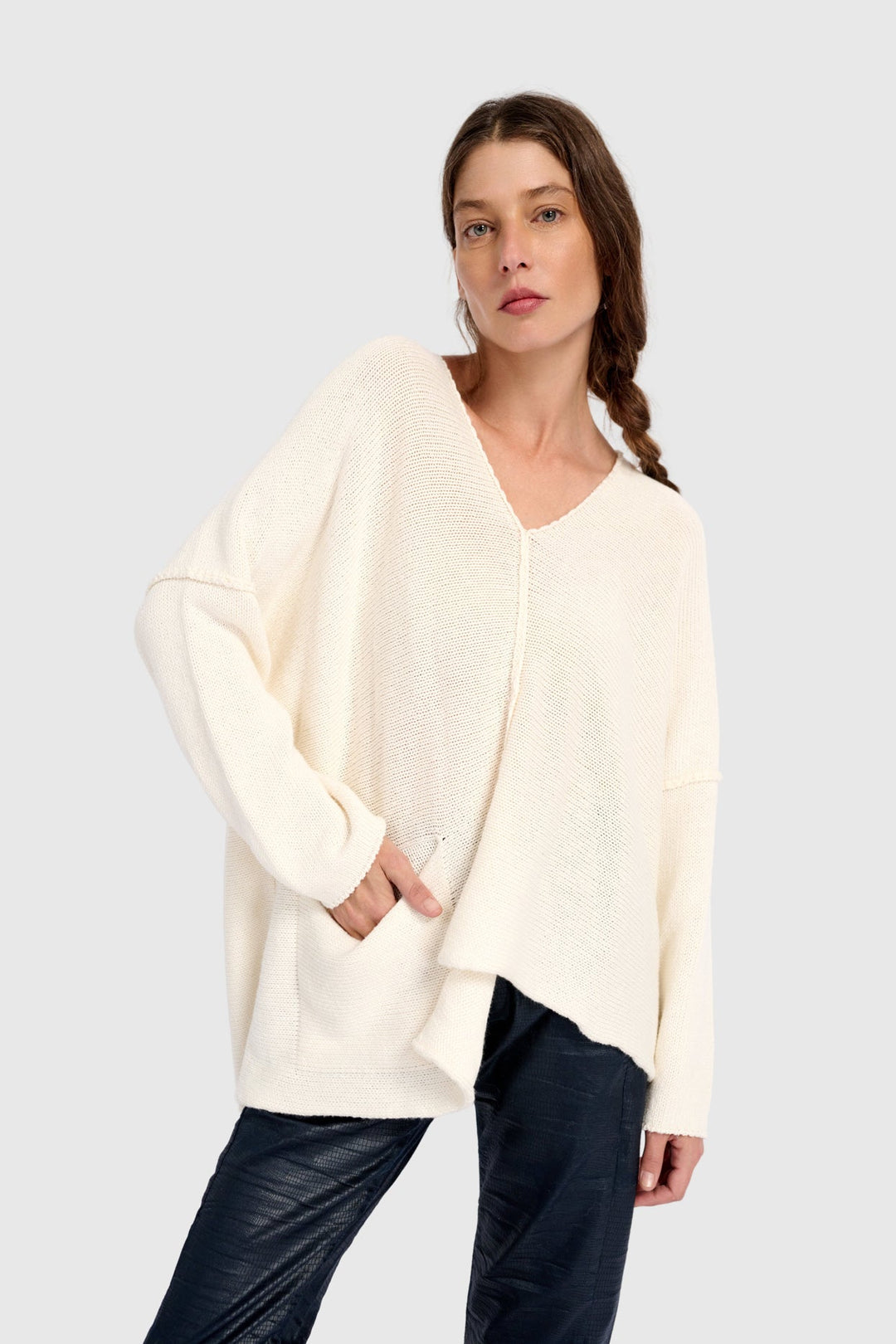 Asymmetrical V-Neck Sweater in Cream