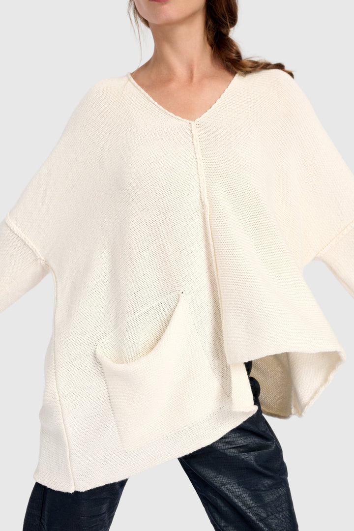 Asymmetrical V-Neck Sweater in Cream