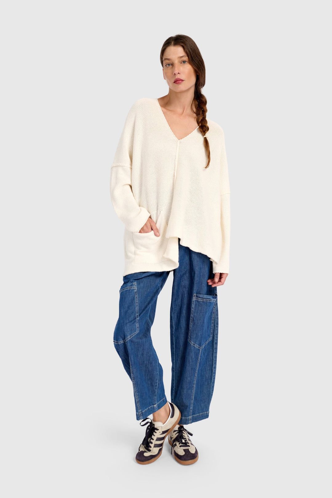 Asymmetrical V-Neck Sweater in Cream