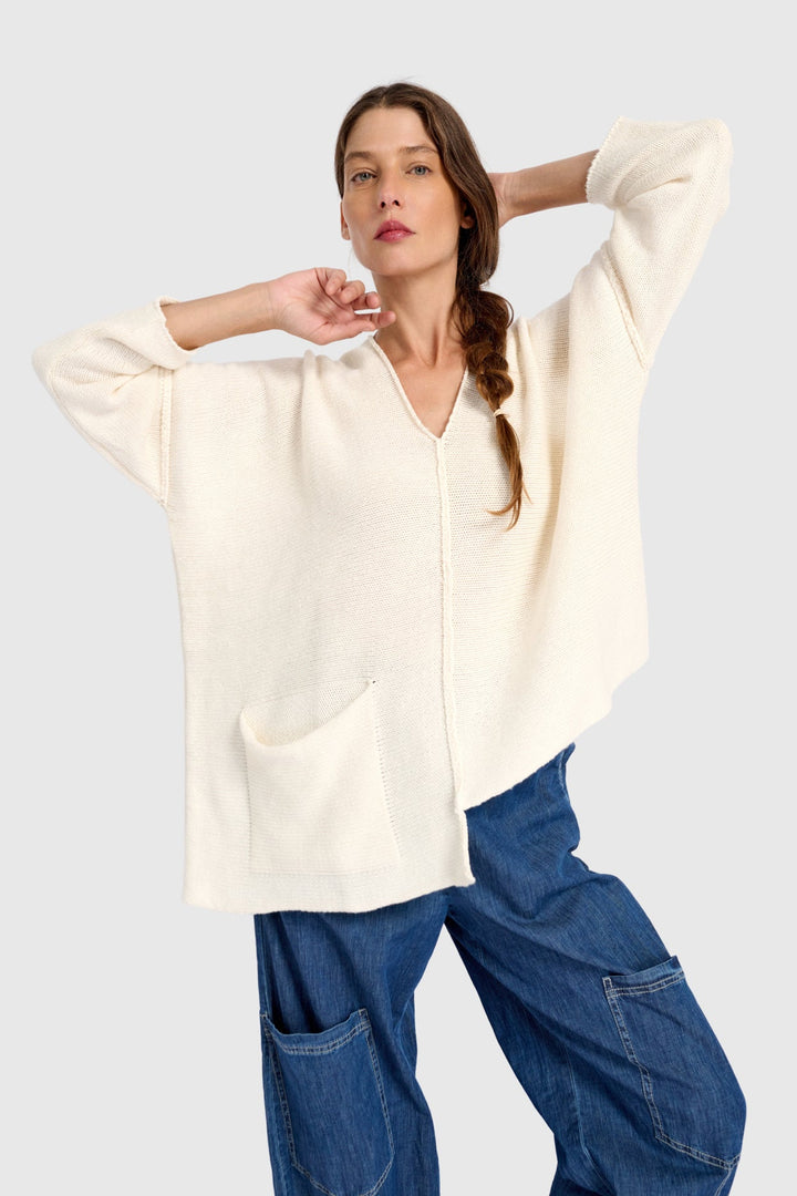Asymmetrical V-Neck Sweater in Cream
