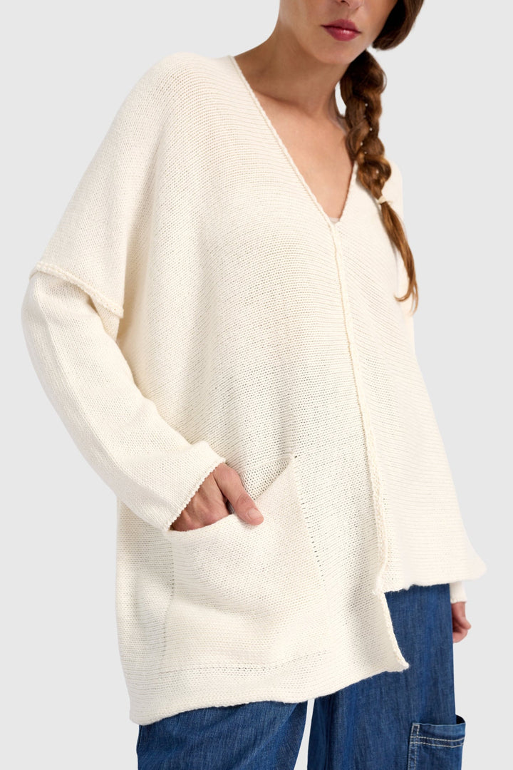 Asymmetrical V-Neck Sweater in Cream