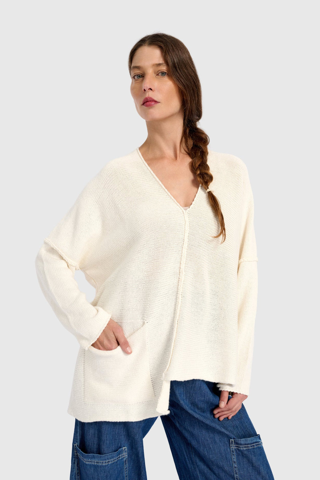 Asymmetrical V-Neck Sweater in Cream