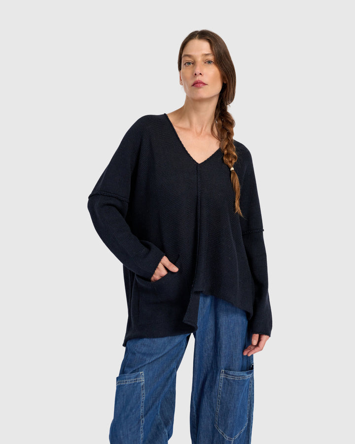 Asymmetrical V-Neck Sweater in Navy