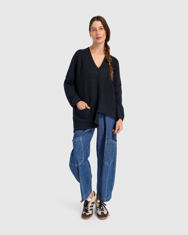 Asymmetrical V-Neck Sweater in Navy