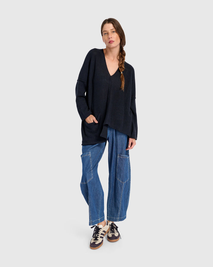 Asymmetrical V-Neck Sweater in Navy