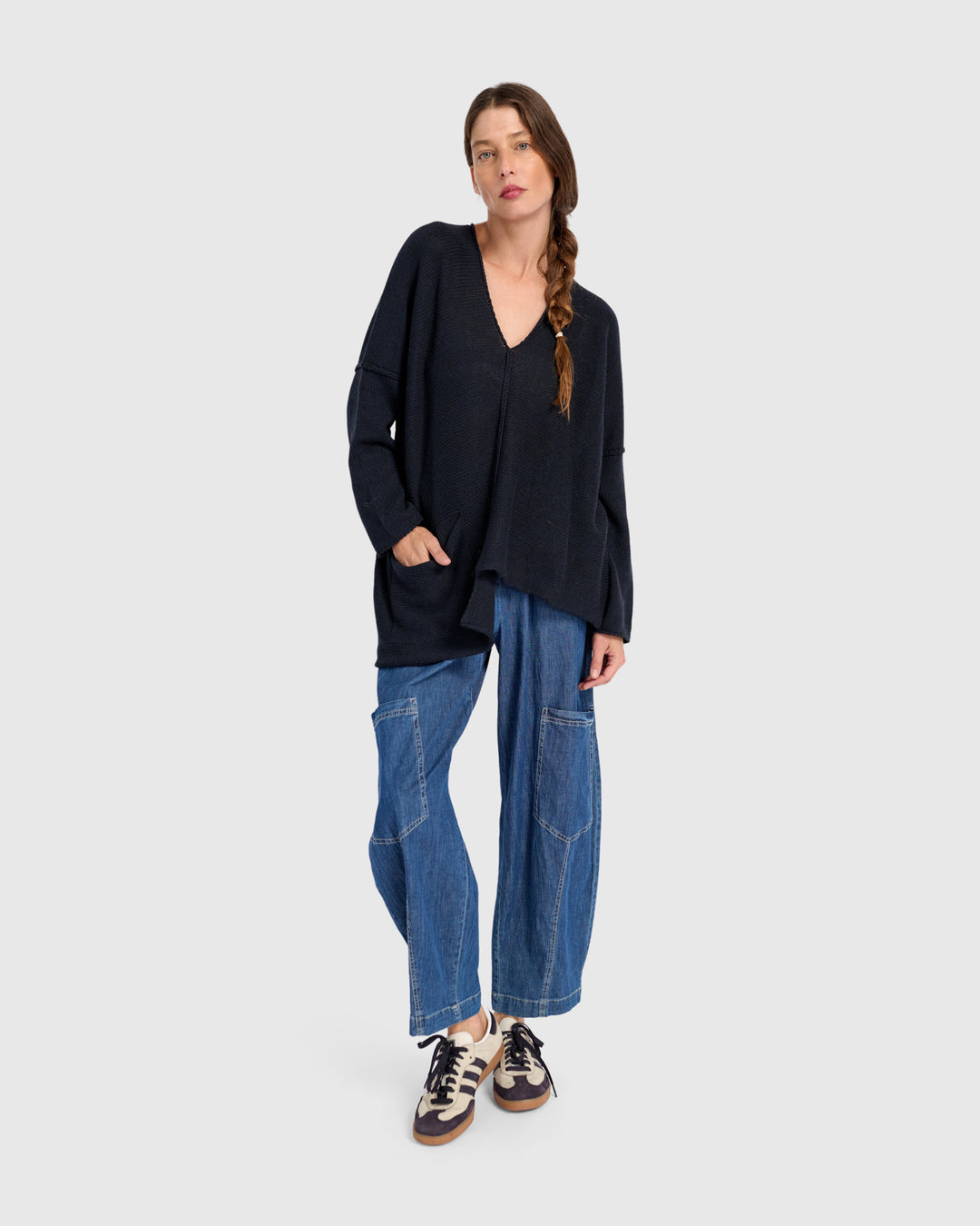 Asymmetrical V-Neck Sweater in Navy