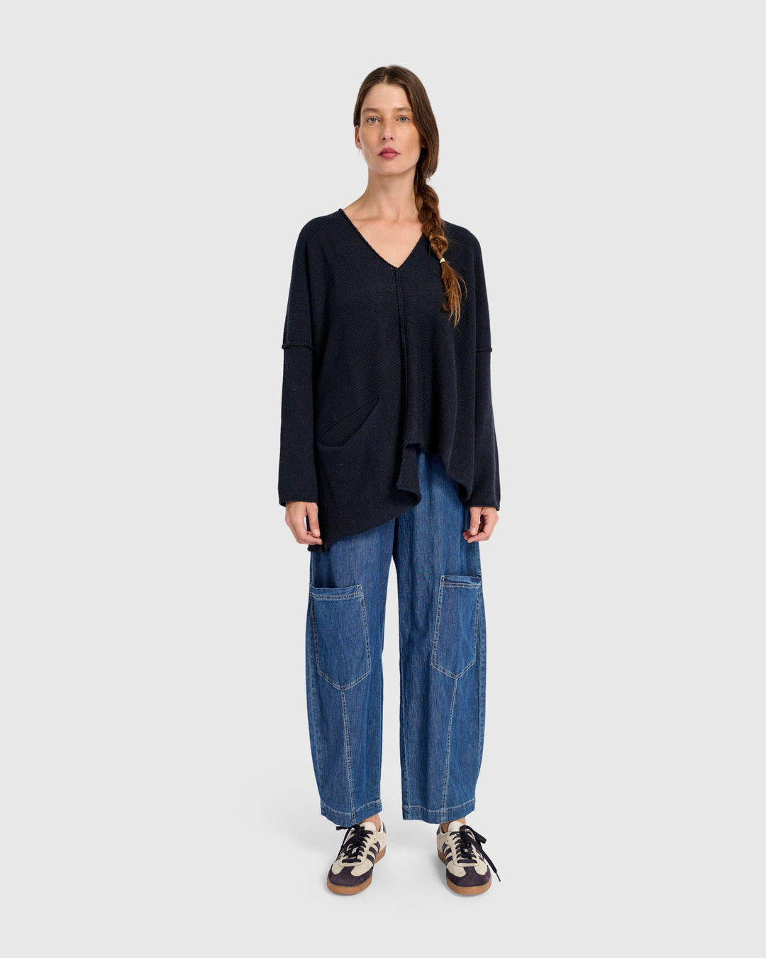 Asymmetrical V-Neck Sweater in Navy