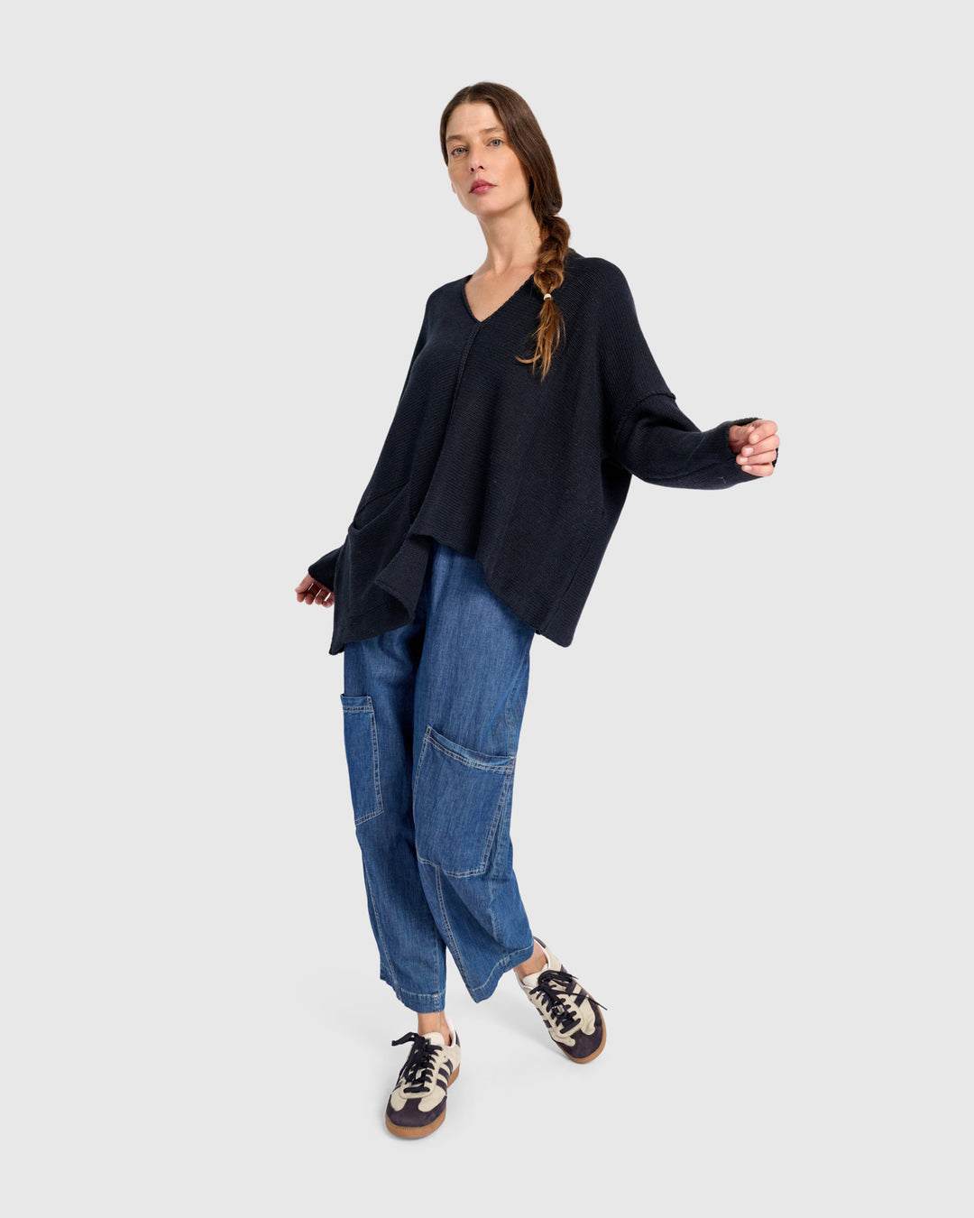 Asymmetrical V-Neck Sweater in Navy